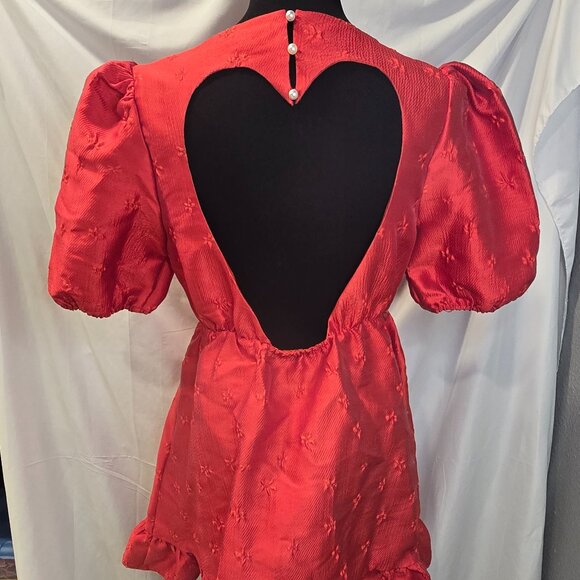 Sister Jane Poppy Dress Red Jacquard Mini Short Puff Sleeves Heart Back Medium - Picture 9 of 12